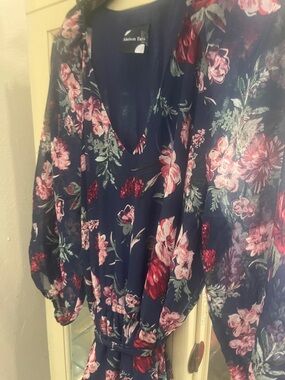 Maison Tara Navy Floral Midi Dress with Pink & Red Blooms